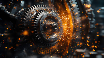 Wall Mural - Dynamic Close-Up of Industrial Gears with Vibrant Sparks and Motion