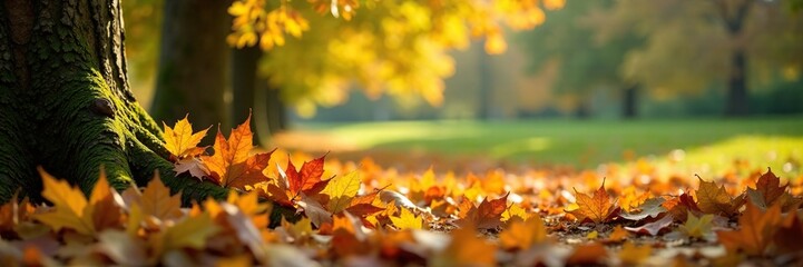 Wall Mural - Autumn leaves scattered around an oak branch on the ground, greenery, autumn, trees