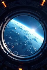 Wall Mural - Astronaut's POV through spaceship window at blue planet's horizon, cosmos, space travel