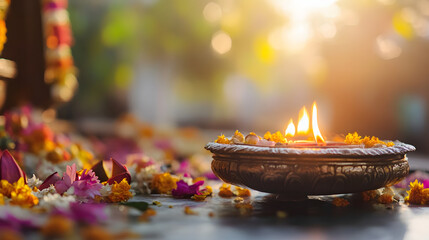 Candle Light and Petals in Evening Indian Ritual Setting : Generative AI