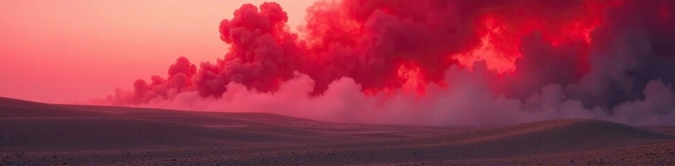 Wall Mural - ethereal red smoke wafts through a desolate landscape, desolate land, ghostly mist