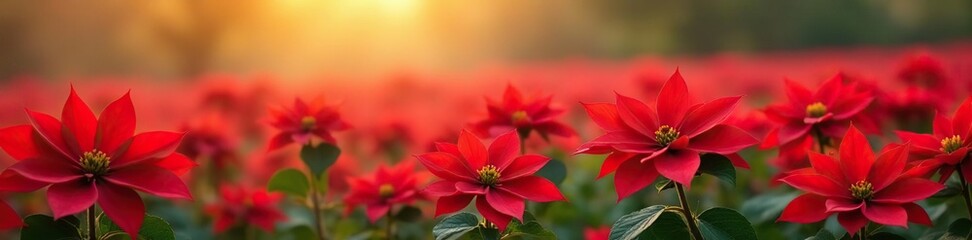 Wall Mural - Red poinsettia flowers in a field with soft gradient background, background, floral, autumn