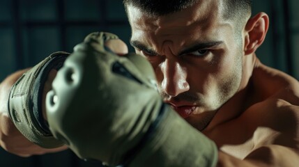 Wall Mural - Close-up view of a person dressed in boxing gear, ready for a fight