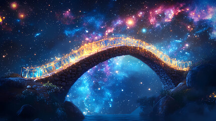 Wall Mural - An ethereal bridge of light connecting two celestial bodies in a star-filled sky, illuminating the night with vibrant colors and cosmic energy, generative ai. Cosmic Bridge. Illustration