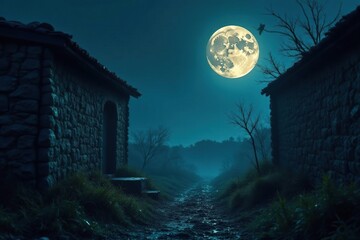 cobweb-patterned walls with a full moon hanging low in the sky, cobwebs, eerie landscape, dimly lit