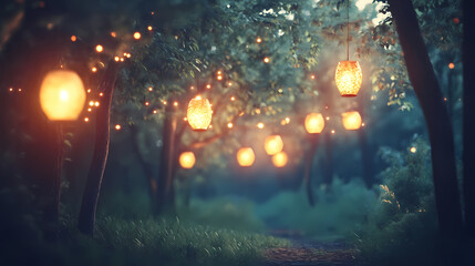 Wall Mural - Whimsical enchanted forest glade with soft light and glowing lanterns. Enchanted Glade. Illustration