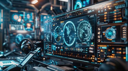 A futuristic startup office filled with glowing technology, collaborative workspaces, and innovative devices. Inspiring a new generation of developers and entrepreneurs.