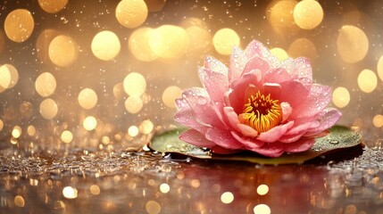 Sticker - Delicate Pink Lotus Flower on Water, Sparkling Bokeh Background.