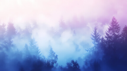 Wall Mural - A misty forest glade bathed in a soft blue and violet light, trees, mist. Enchanted Glade. Illustration