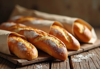 Close up of tray of freshly baked bread in a bakery. Artisan crusty baguette