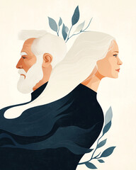 Portrait depicting two figures with flowing hair and nature elements, symbolizing connection and contrast between generations