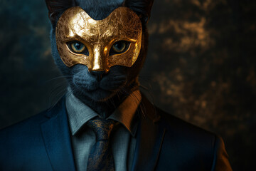 Wall Mural - a male actor in a suit with golden mask. cat character	