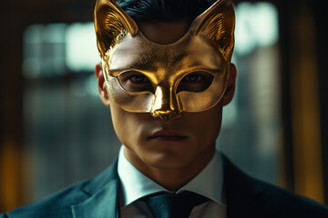 Wall Mural - a male actor in a suit with golden mask. cat character	