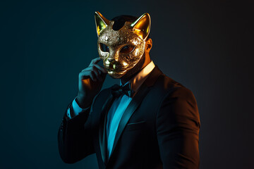 Wall Mural - a male actor in a suit with golden mask. cat character	