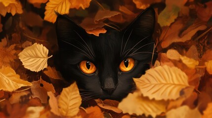 Poster - a black cat with yellow eyes hiding in leaves