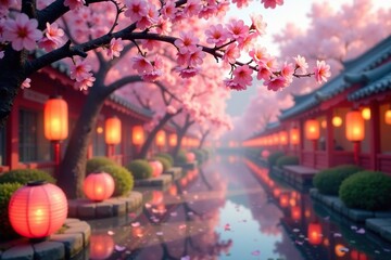 Wall Mural - Delicate cherry blossoms and softly glowing lanterns in a tranquil environment, serene, peaceful, flowers