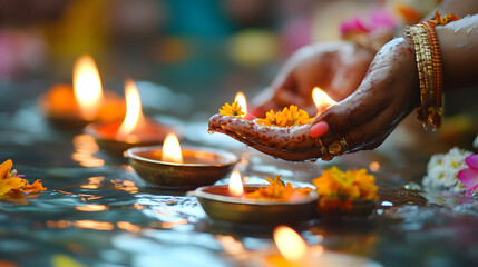 Wall Mural - Traditional Indian Ritual with Floating Diyas in Water : Generative AI