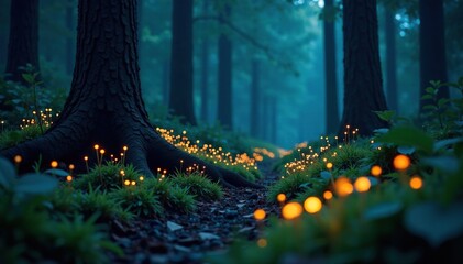 Wall Mural - The forest floor is illuminated by the soft glow of fireflies, or perhaps bioluminescent fungi, ambiance, solitude