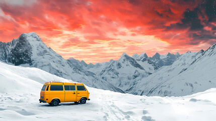 Poster - Generative ai illustration of yellow van parked on a snow covered path with majestic snow capped mountains and a fiery sky in the background. Fiery Sky. Illustration