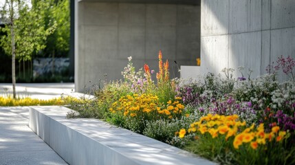 Wall Mural - a concrete planter with flowers in it