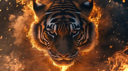 Sticker - a tiger is running through a fire filled field