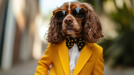 Poster - a dog wearing a yellow suit and sunglasses