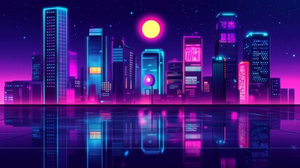 Sticker - A digital illustration of a futuristic city at night, highlighted by neon signs and glowing lights, with the wet streets reflecting the colorful display