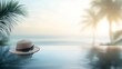 © Angelina - A holiday banner showcasing a sandy tropical beach, featuring a Panama hat and sunglasses with palm trees and beach reflections