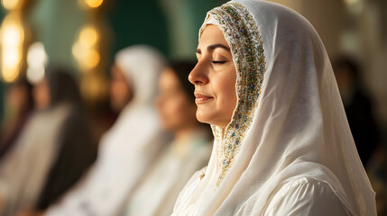 Wall Mural - Serene Woman Meditating in Place of Worship Wearing White Hijab : Generative AI