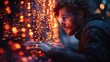 © Pixel Mind - A young European man wearing glasses closely examines illuminated data displays with vibrant lights, showcasing innovation in technology and science.