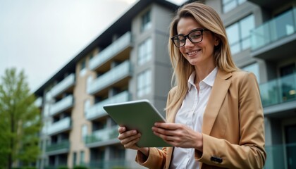Friendly female real estate agent uses tablet outdoors near modern apartment building. Inspecting property. Pro woman displays property info. Modern business tech. Real estate agent in business
