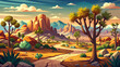 © Bounpaseuth - Desert Landscape Painting: Capturing the vastness and serenity of a desert landscape with colorful sky,  with the silhouette of Joshua trees. The warm sunlight casts long shadows