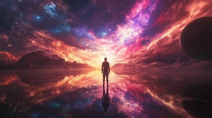 Wall Mural - Space explorer standing on alien planet with glowing sky, futuristic and magical, abstract and powerful, rich and ethereal, high detail and dynamic reflections, cosmic atmosphere