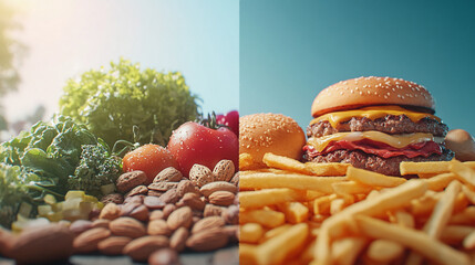 Canvas Print - Healthy Foods and Fast Food Contrast with a Split Background