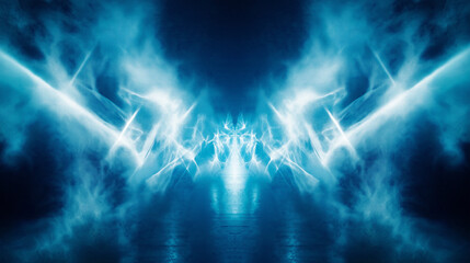 Illuminated stage with scenic lights and smoke. Blue spotlight with smoke volume light effect on black background. Stadium cloudiness projector