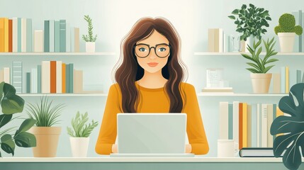 Wall Mural - Woman wearing glasses working with a laptop in a home office environment, surrounded by plants and books on shelves, conveying productivity and focus.