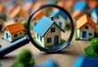 © Viktor - Closeup view of miniature houses. Magnifying glass focuses on house model with blue roof. Houses surround on wooden surface. Real estate search concept. Focused analysis of housing models. Property