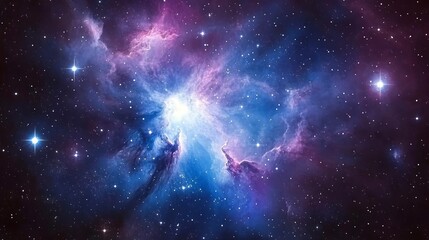 surreal cosmic background with blue and purple nebula clouds, stars, glowing space elements, high-re