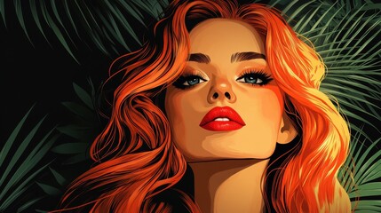 Wall Mural - Illustration of a Woman with Vibrant Red Hair Sensually Styled and Accompanied by a Background of Lush Green Foliage, Emphasizing Bold Color Contrasts