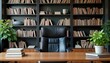 © Viktor - Organized office workspace. Elegant dark wooden desk with black leather chair. Bookshelves filled with books, binders. Clean, tidy setup suitable for video calls. Perfect pro zoom background. Modern,