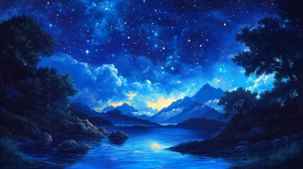 Wall Mural - Twinkling stars in a deep blue night sky, highly detailed, mystical and serene, vibrant and peaceful, magical and captivating ambiance