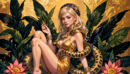 Wall Mural - a person adorned in a gold outfit, surrounded by lush green foliage and flowers, with a large snake wrapped around their legs. The background features a golden, textured backdrop.