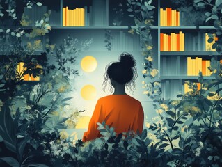 Wall Mural - Silhouette of a Person in an Orange Shirt Contemplating a Sunlit Library Surrounded by Lush Foliage and Vibrantly-Colored Books