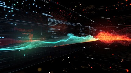 Flowing colorful particles represent complex data streams in digital space, surrounded by coding and statistics, creating a vibrant visualization of information processing