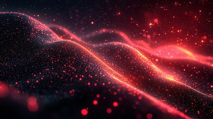 Wall Mural - Red particle wave, digital art, dark space, bokeh background, VFX