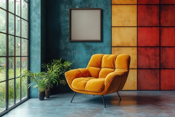 Wall Mural - contemporary living space featuring oversized mustard velvet armchair against geometric colorblocked