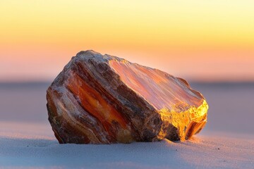 Poster - Striking sunset illuminates a vibrant, layered rock resting on a sandy beach.