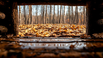 Wall Mural - Autumn forest view through wooden frame.