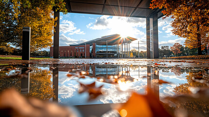 Wall Mural - Autumnal reflection of modern building in puddle.