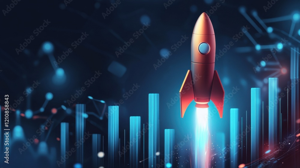 Growing bar chart with rocket moving up. Abstract rocket launch and ...
